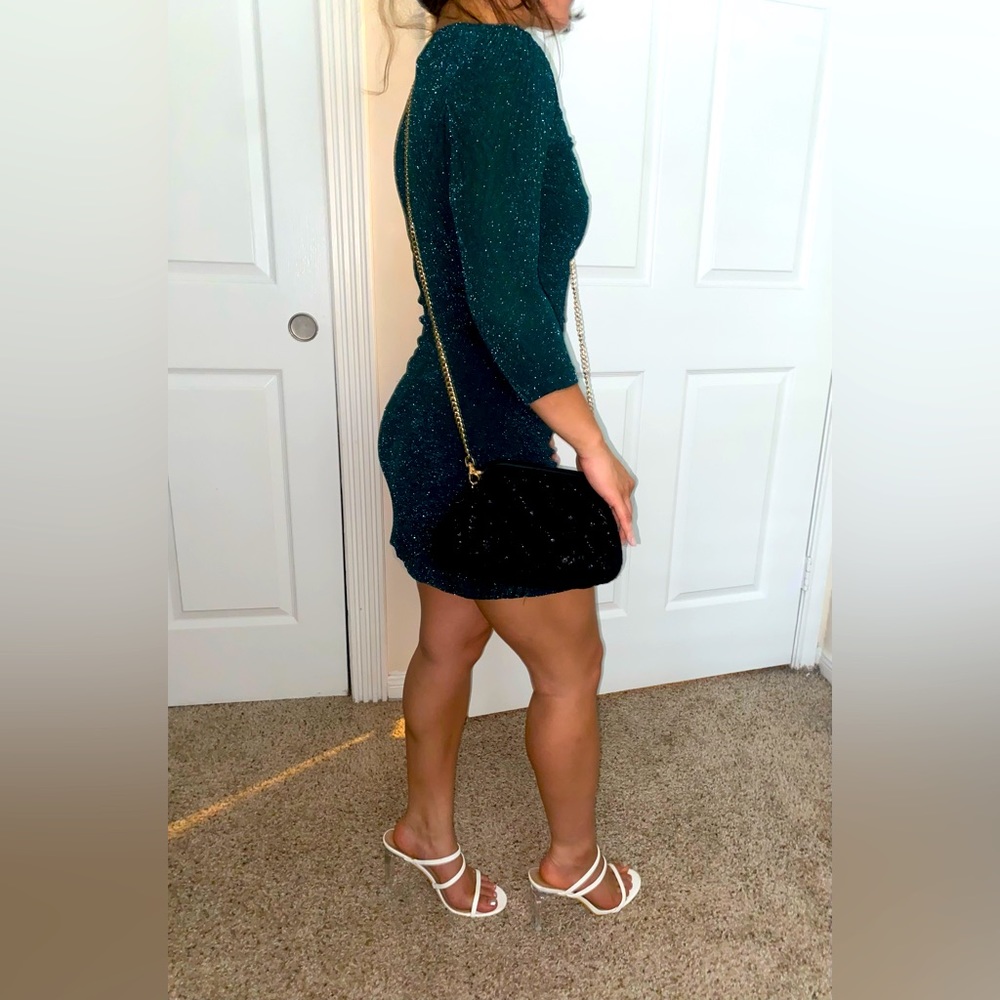 TRIXXI Geometric Shimmer Long-Sleeve Bodycon Dress Emerald Green Size XS